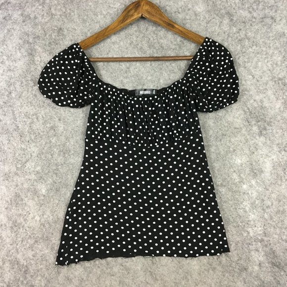 Missguided Top 6 Off Shoulder Puff Sleeve Polka Dot Black White Retro Casual - Picture 1 of 10